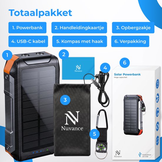 Nuvance Solar Powerbank 20000mAh - 22.5W Snellader - USB C & USB A - 4x Ingebouwde Kabels - Draadloze Powerbank 15W - Noodpakket - Powerbank Zonneenergie
