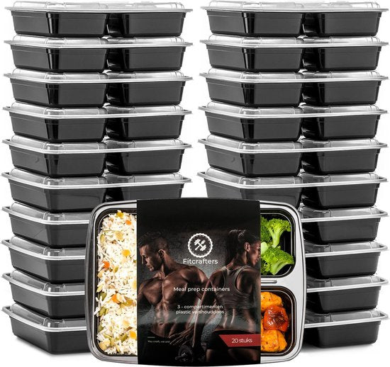 Fitcrafters Meal Prep Bakjes - Vershoudbakjes - Diepvriesbakjes - 20 Stuks - 3 Compartimenten - 1L - BPA vrij