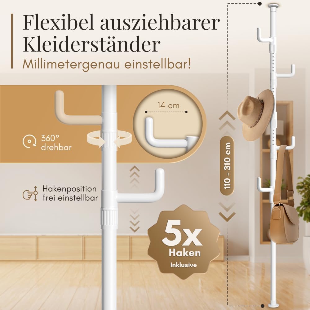 LOBUX® - Kapstok uitschuifbaar, 5 haken [wit, 110-310cm] - telescopische kapstok stabiel - ruimtebesparende metalen kapstok - valetstandaard slaapkamer - gangkapstok - kledingrek balkon