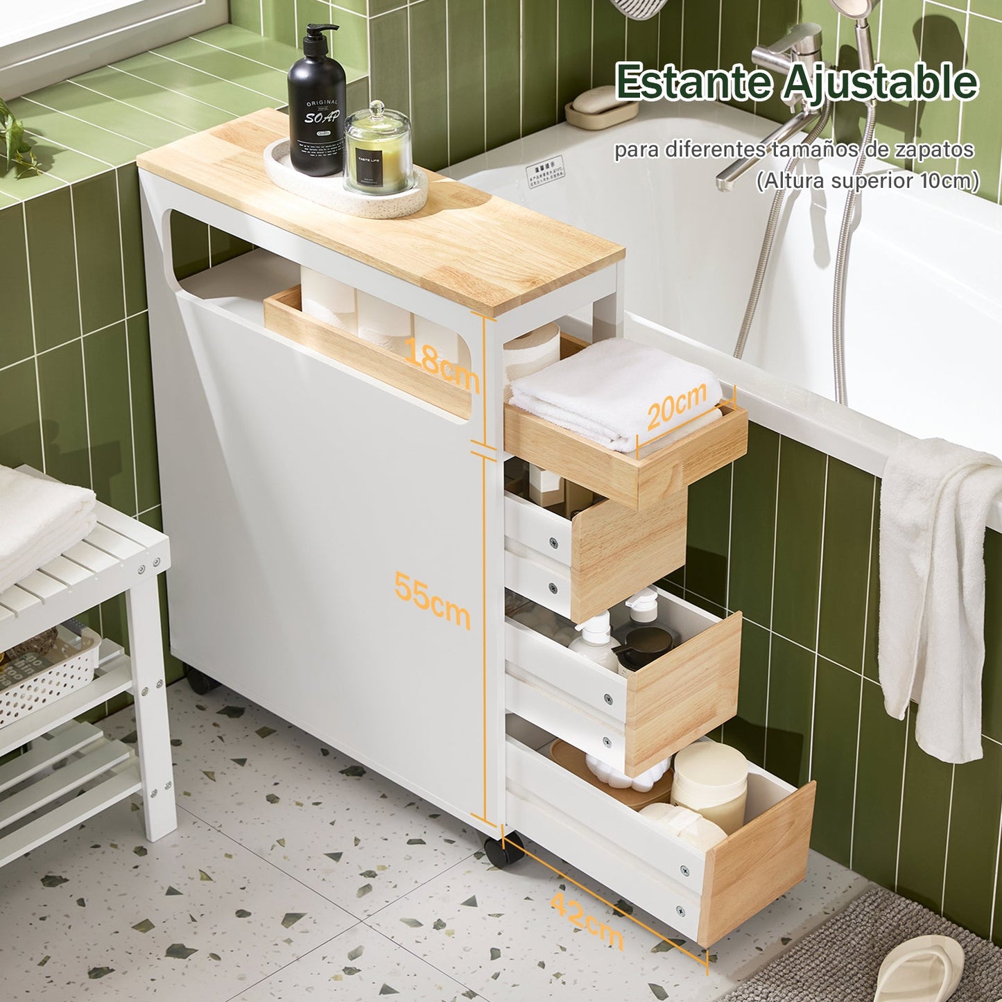 SoBuy BZR54-II-WN Smal Nisrek met 3 Laden, Afneembaar Dienblad en Wielen – 23 x 82 x 65 cm – Wit