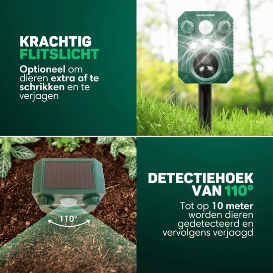 Vulpes Goods® Verjager - Ultrasone Kattenverjager op zonne-energie - Kattenschrik - Marterverjager - Dierenverjager - Waterdicht - Afweermiddel voor Ongedierte