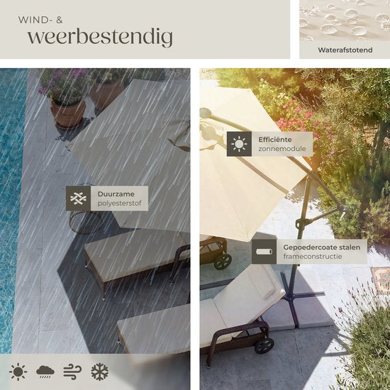 tectake® Zweefparasol met Voet - 3,5 x 3,5 m - Tuinparasol met LED-Verlichting op Zonne-Energie - Draaibaar - Waterafstotend Polyester met UV-Bescherming - Inclusief Hoes - Beige