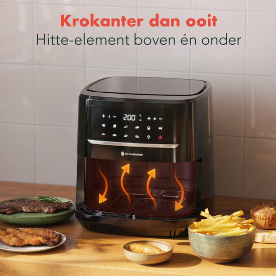 KitchenBrothers Airfryer XXL - 7.5L - 1800W - Heteluchtfriteuse - Dual Heating - 50ºC tot 200ºC - 10 Kookprogramma's - Zwart