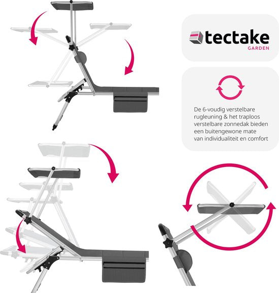 tectake® - ligstoel ligbed zonnebed gestoffeerd, inklapbaar - grijs - 220 x 60,5 x 34 cm, met zijvak