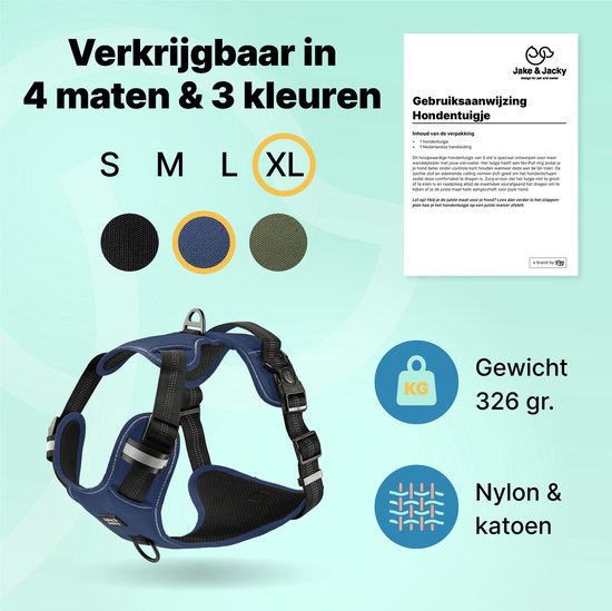 Jake and Jacky Hondentuigje - Anti-Trek Tuig - Hondenharnas - Y Tuig Hond - Reflecterend - Blauw - Maat XL