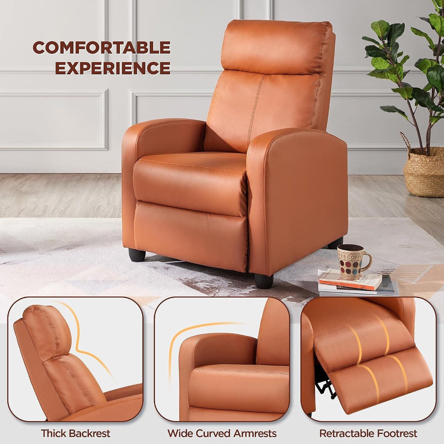 Yaheetech Relaxfauteuil Set van 2 - 67,3 x 85,1 x 99,6 cm - Verstelbare Voetsteun - Kunstleer - Tan