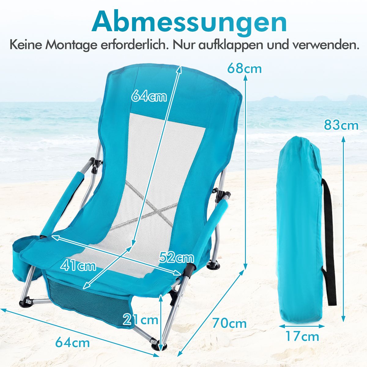Coast Opvouwbare Strandstoel - ademend netstof - met armleuningen en bekerhouder - blauw