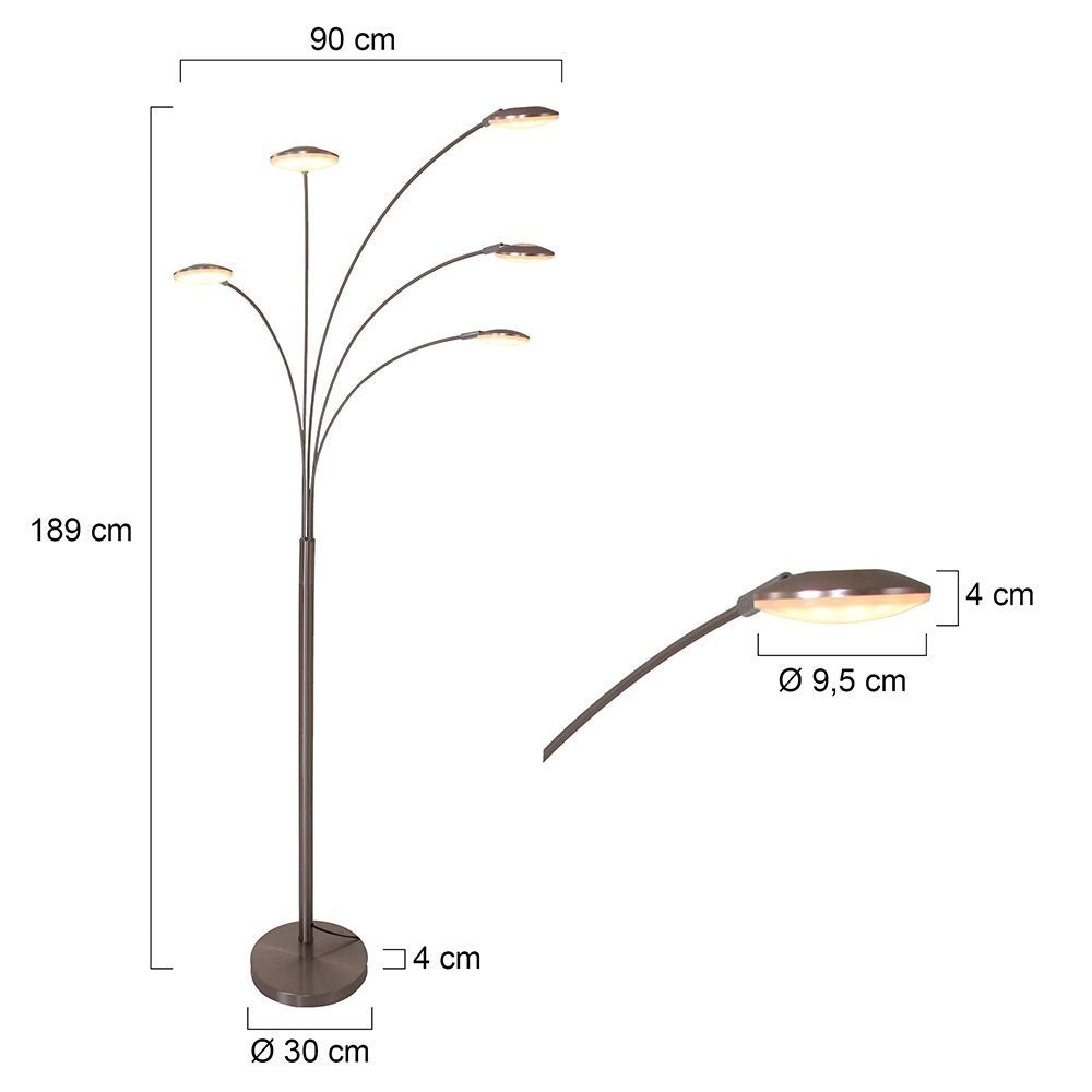Vloerlamp Synna 1327ST – Draaibaar, dimbare LED booglamp van staal en glas, Modern design, Mexlite, met 5 lichtbronnen (4.5W) en snoer van 235 cm