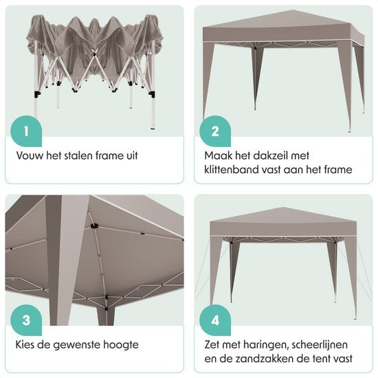 LifeGoods Partytent - Opvouwbaar - 3x3 m - Easy Up - Paviljoen - Vouwtent - Met Draagtas - Beige