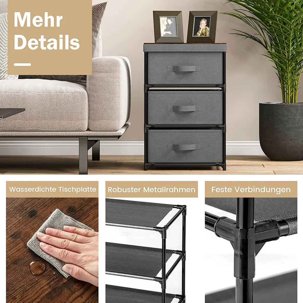Nachtkastje met Stoffen Laden Bijzettafel met Metalen Frame Opbergkast Stoffen Commode voor Slaapkamer Woonkamer Hal (Grijs)