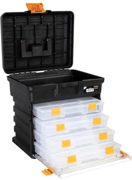 Perel Multifunctionele opbergkoffer, polypropyleen, 5-delig, draagbaar, met 4 uitneembare soorteerdozen, zwart/geel, 340 x 272 x 341 mm