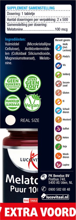 Lucovitaal Melatonine Puur 100 mcg Voedingssupplement - 2 x 500 Tabletten