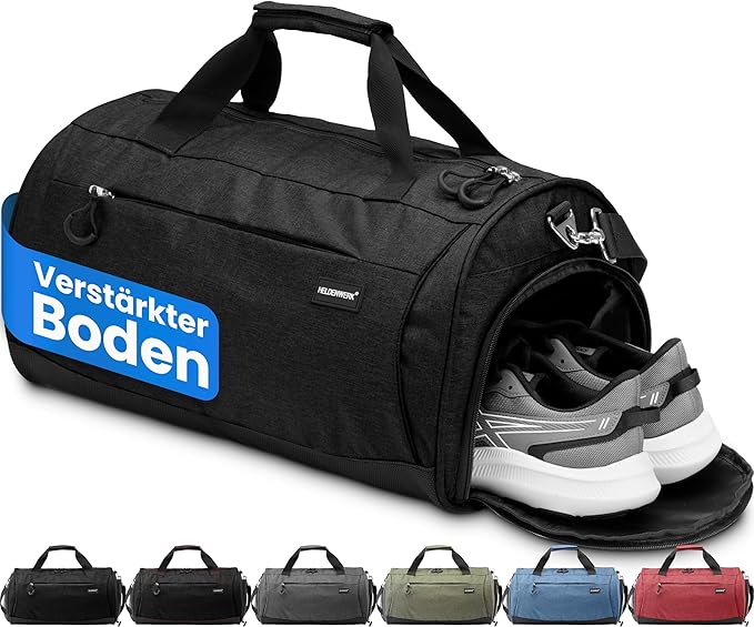 Heldenwerk Sporttas met schoenenvak en nat vak, trainingstas voor dames en heren, ideaal als reistas, fitnesstas, trainingstas of sporttas, zwart, Sporttas met schouderriem