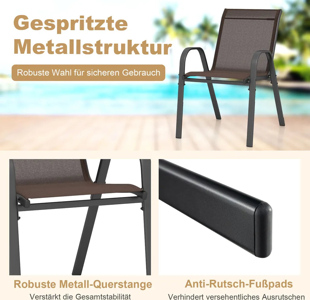 COAST Set van 4 stapelbare tuinstoelen, balkonstoelen, terrasstoelen, stapelbare stoelen met armleuningen tot 150 kg, 56 x 70 x 84 cm, bruin