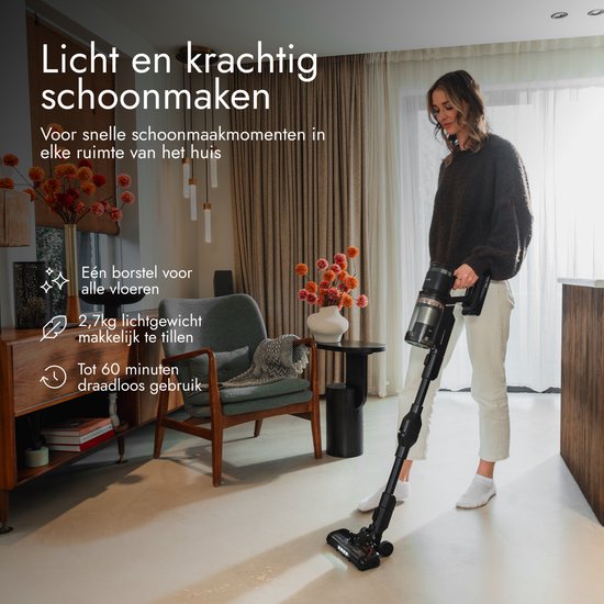 Bloomfold Draadloze Steelstofzuiger Swift – Kruimeldief - Met Laser en Vuildetectie – Krachtige 350W Accustofzuiger voor Dierenharen – Lichtgewicht – 60 min Accu