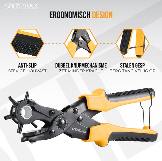 SolidStock Professionele Gaatjestang voor riem - met Gratis Meetlat - Ponstang - Revolvertang