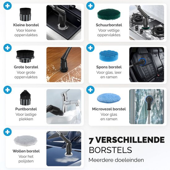 Joyware Elektrische Schoonmaakborstel Pro - Schrobborstel - Schrobber met Steel - Schrobmachine - Poetsmachine - Zwart - 7 Opzetstukken