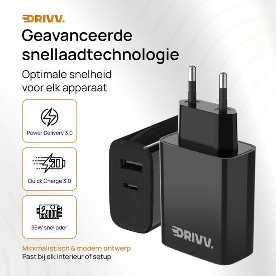 Drivv. USB C Oplader 35W - 2 in 1 Snellader - USB C & USB A aansluiting - Adapter