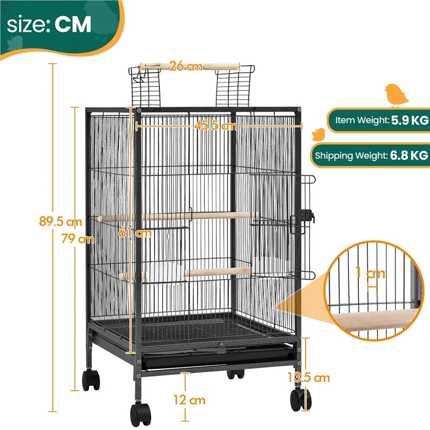 Yaheetech Vogelkooi Met Open Dak – 45,5 x 45,5 x 79 cm – Voorzien Van Verwijderbare Wielen En Uittrekbare Bodemlade En Gehamerde Poedercoating – Voor Grasparkieten En Kanaries – Zwart Metaal En Hout
