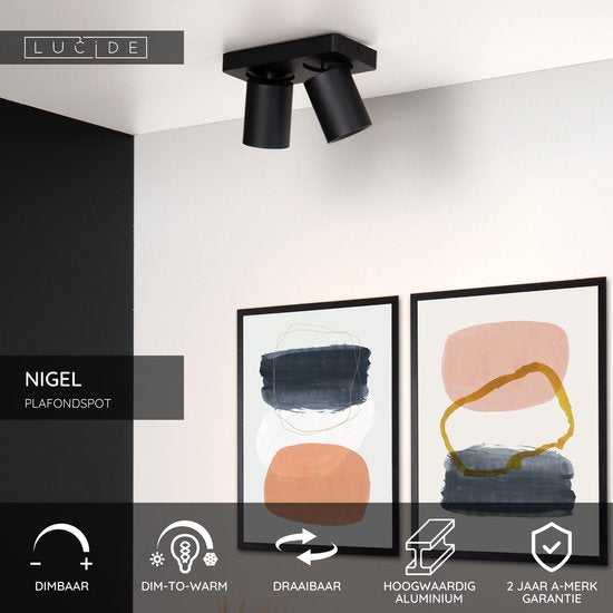 Lucide NIGEL - Plafondspot (Plafondlamp) - LED Dim to warm - GU10 - 2x5W 2200K/3000K - Zwart