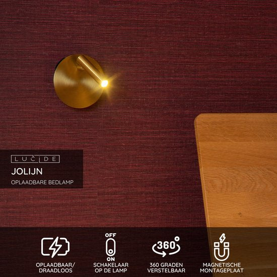 Lucide JOLIJN - Oplaadbare Bedlamp / Wandlamp - Accu/Batterij - Ø 10,2 cm - LED - 1x2W 3000K - Magnetisch - Mat Goud / Messing