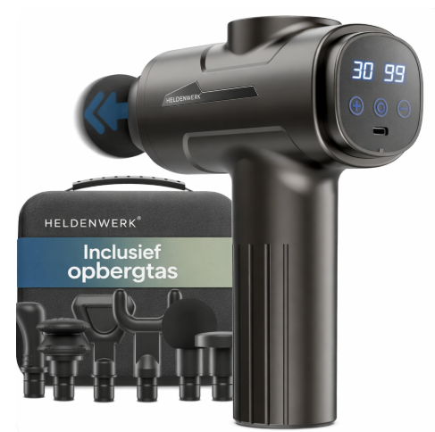HELDENWERK Active Massagepistool – Zwart – 30 Snelheden – 6 Massagekoppen – Fluisterstil – USB-C Oplaadbaar – LCD Touchscreen – Inclusief Opbergkoffer - Zwart