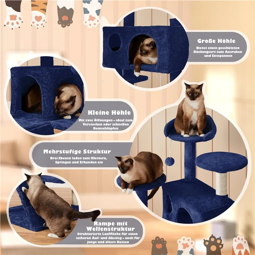 Yaheetech Krabpaal 49 x 49 x 139 cm - Marineblauw - Kattenboom met 3 Ligplatforms en 2 Slaapholen