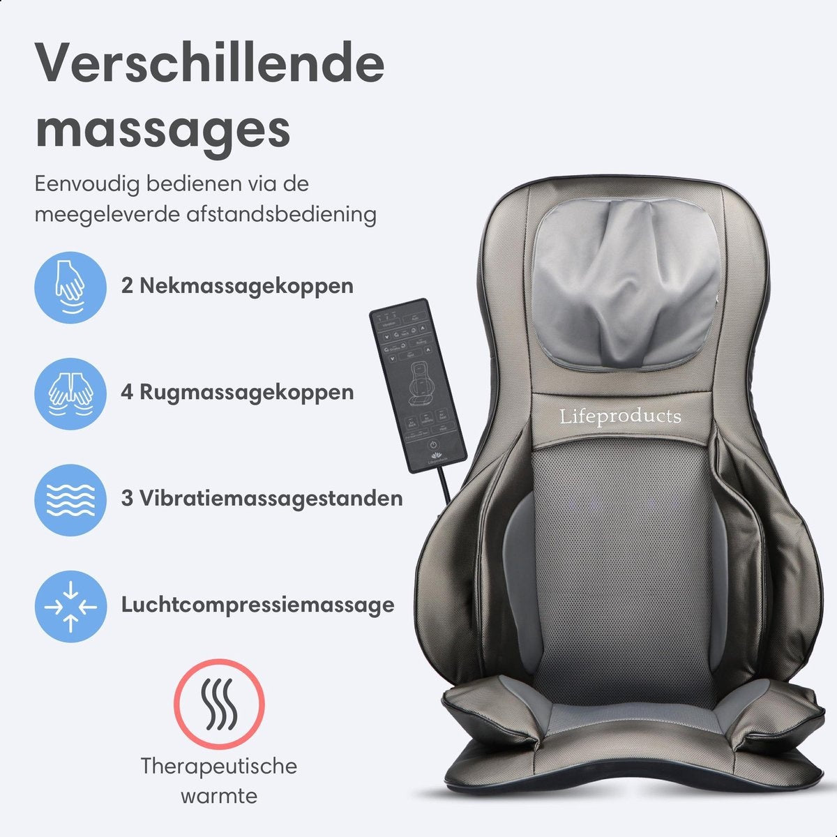 Lifeproducts Elektrische Shiatsu Massagestoel & Kussen - Verwarmingsfunctie – 83,5 x 53 x 21 cm – Grijs
