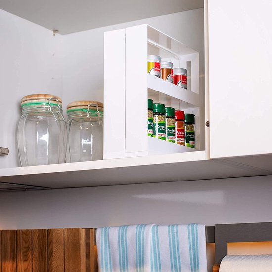 UPP Kruidenrek uittrekbaar, praktisch kastinzet, opbergsysteem voor keuken en badkamer, ruimtebesparend nisrek als kastsysteem of direct op het werkblad, kunststof, wit