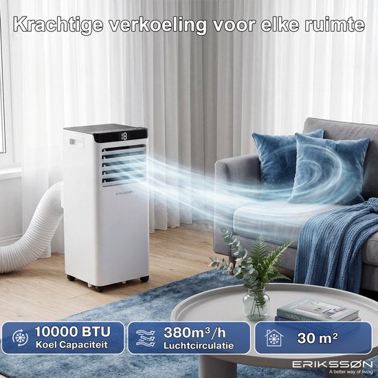 Erikssøn Mobiele Airco - 10.000 BTU - Incl. Raamafdichtingskit - Tot 30m² - 4-in-1 - Airconditioning - Ventilator - Ontvochtiger - Wit
