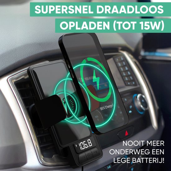 Serve 3in1 Bluetooth FM Transmitter, Telefoonhouder Auto & Draadloze Snellader 15W - Carkit voor Muziek - Telefoonhouders Auto Accessoires - Touchless Autolader - Ventilatie Houder