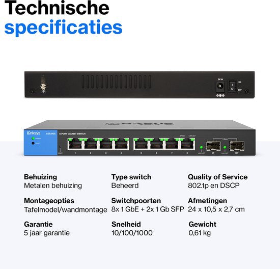 Linksys LGS310C - Netwerk Switch - Managed - 8-Poorten - 2 SFP Poorten- Zwart