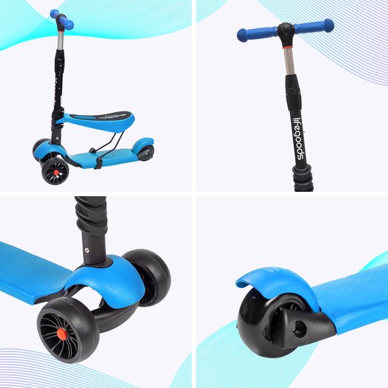 LifeGoods MultiRider Kinderstep - Step 3-8 Jaar - Verstelbaar Zitje - Lichtgevende Wielen - Jongens/Meisjes - Blauw