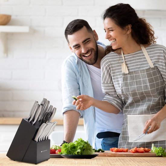 KitchenBrothers Messenset - Messenblok - 16-Delig - met Schaar en Aanzetstaal - Zilver/ RVS