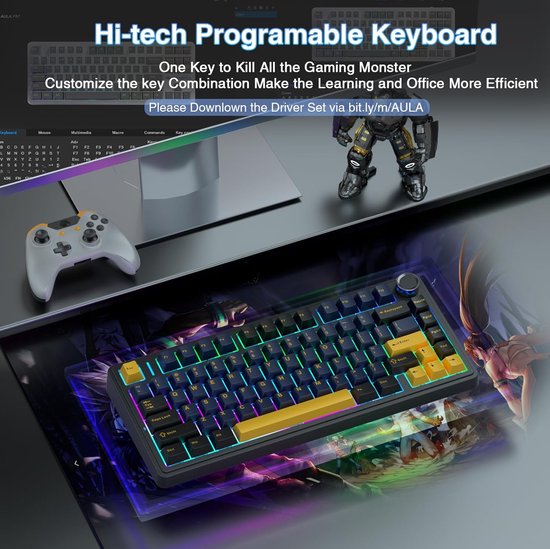 AULA F75 - Draadloze Gaming Toetsenbord - Mechanisch - Gasket - Hot Swap - QWERTY Toetsenborden - Tri mode - 80 Keys - Donder zwart