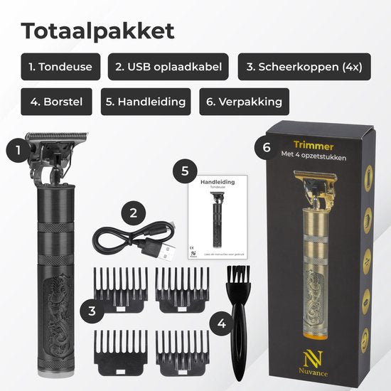 Nuvance Tondeuse Mannen - Tondeuse Hoofdhaar - Inclusief 4 Opzetstukken - Baardtrimmer en Haartrimmer - Tondeuses - Usb Oplaadbaar