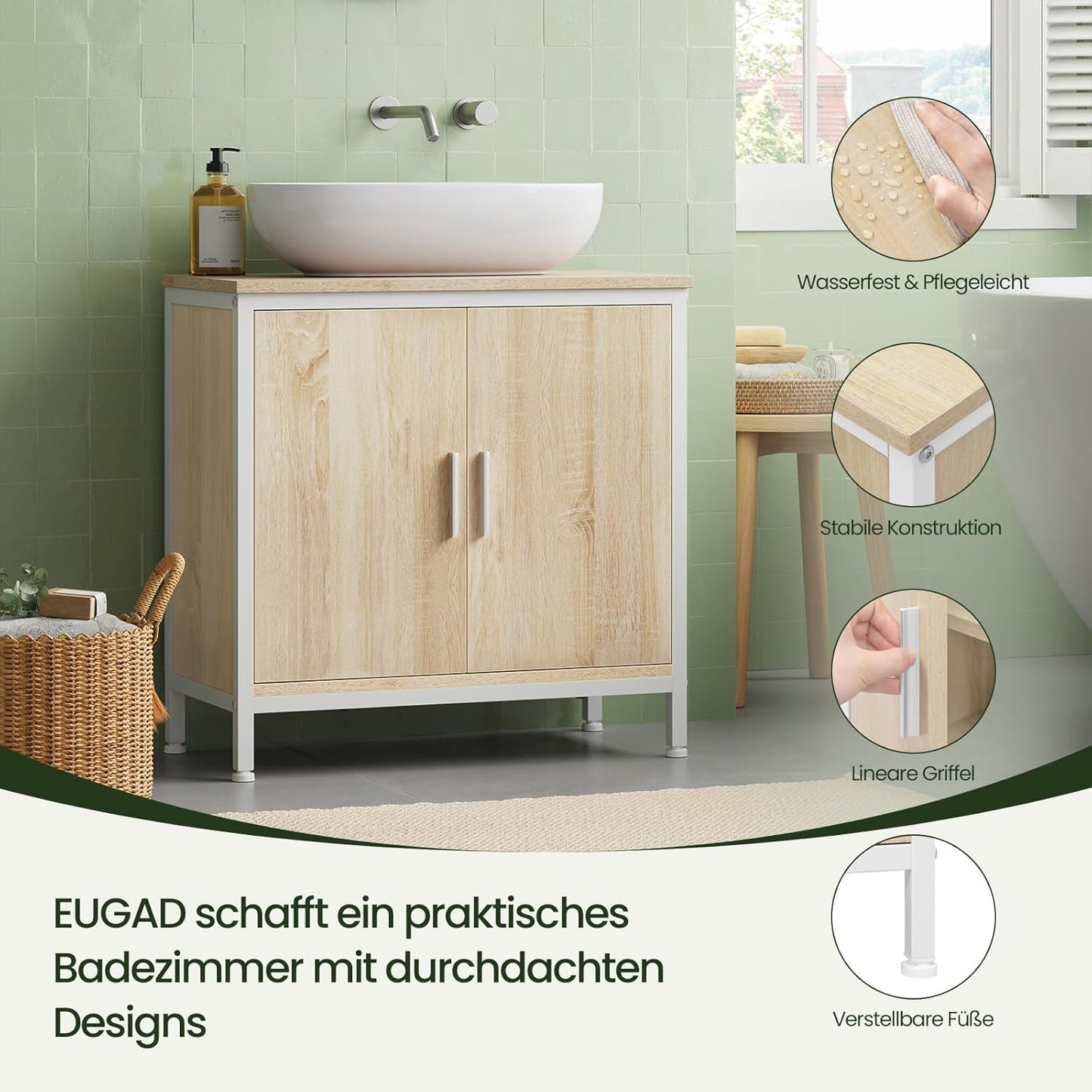 EUGAD wastafel onderkast - 60 x 60 x 30 cm - wit en licht eiken - met verstelbare tussenschot