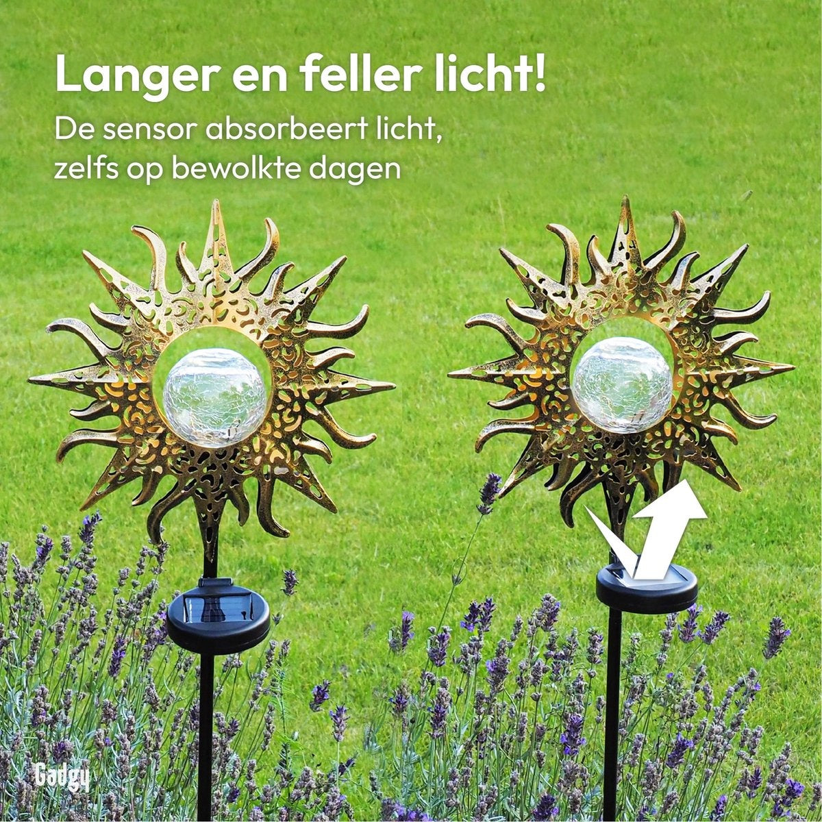 Gadgy Solar Tuinfakkel Zon met grondspies - Tuinsteker Set van 2 st. - Tuinfakkels 103CM Hoog - Tuinverlichting op zonneenergie buiten - Led buitenverlichting met sensor - Brons kleurig Metaal