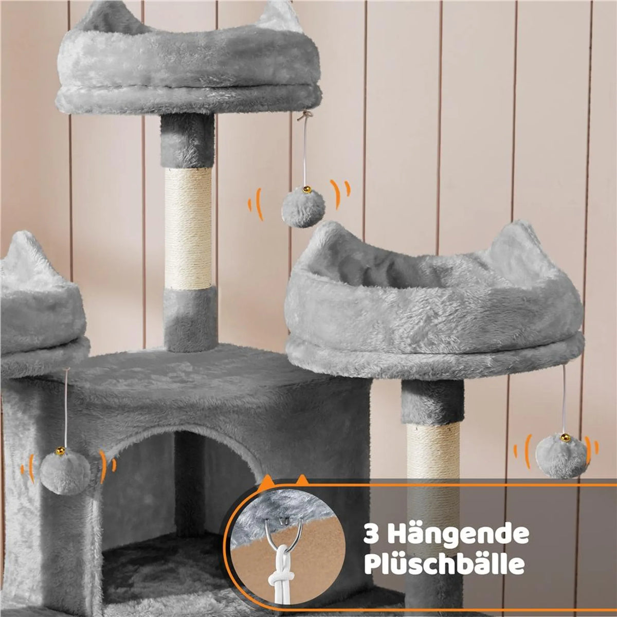 Yaheetech Krabpaal XXL Met 3 Uitkijkplatformen – Voorzien Van 2 Kattenholen En Krabplank En Anti-kantelsysteem – Voor Huishoudens Met Meerdere Katten – Lichtgrijs Pluche En Sisal – 55,5 x 55,5 x 175 cm
