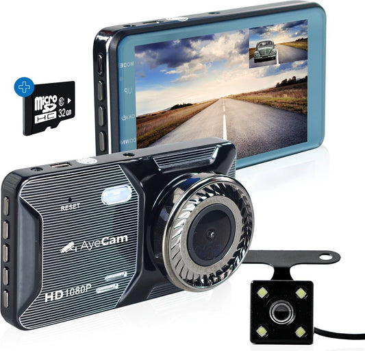 AyeCam Dashcam Pro – Dashcam voor Auto voor en Achter - FULL HD & Nachtvisie – G-Sensor - Incl. 32GB SD