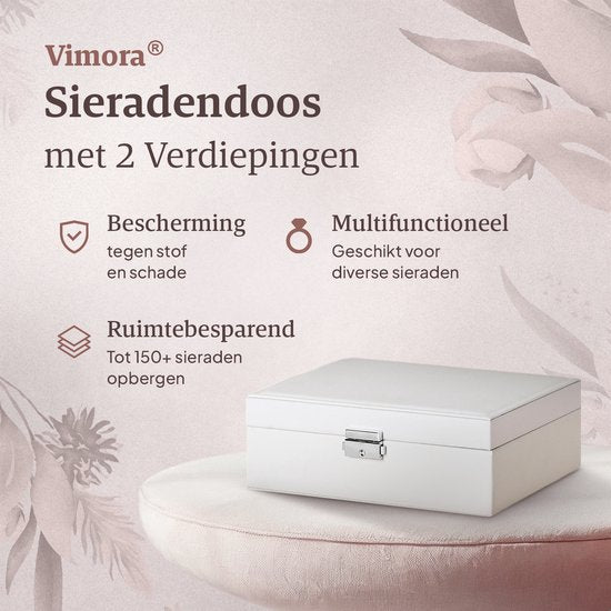Vimora Sieradendoos met extra verdieping - Wit - Juwelendoos - Sieradenkistje - Voor Volwassenen, Meisjes, Heren & Dames - Geschikt Voor Kettingen, Oorbellen, Armbanden & Ringen