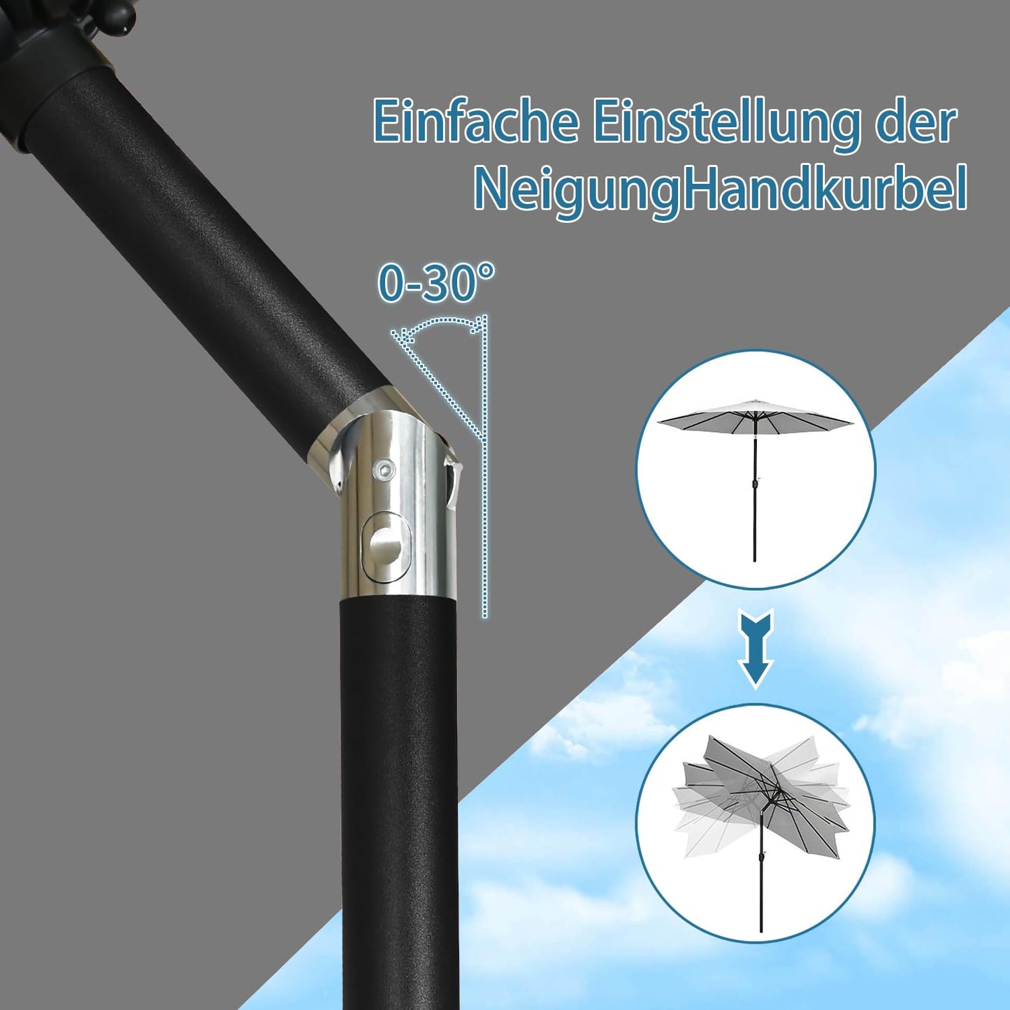 Angel Living Parasol 250 cm - ronde tuinparasol met zwengel en kantelfunctie - grijs - polyester UV 50+