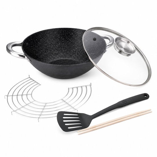 Wok Gietijzer 28 cm – PFAS Vrij – Aromaknop - Deksel - Inductie - Wasabi Wok