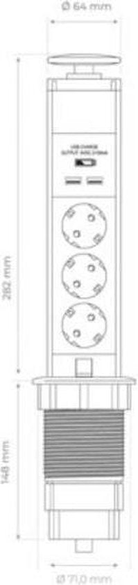 Perel Pop-upstekkerdoos, 3 stopcontacten met randaarde (type F), 2 USB-poorten, montagegat 71 mm, gebruik binnenshuis, zwart/grijs