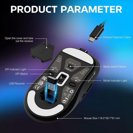 ATTACK SHARK Draadloze Gaming Muis - Wired/2.4G/BT5.4 - Lichtgewicht 49G - PAW3395 - 26000DPI - Zwart