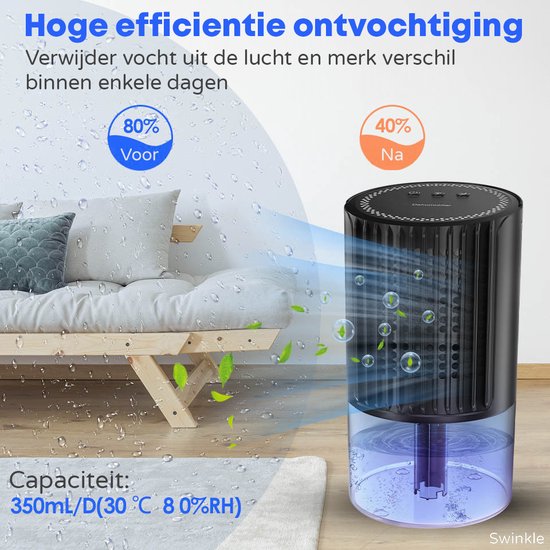 Swinkle Luchtontvochtiger – Tot 0,35 L/dag – Compacte Dehumidifier voor Woonkamer, Slaapkamer & Badkamer – Zwart
