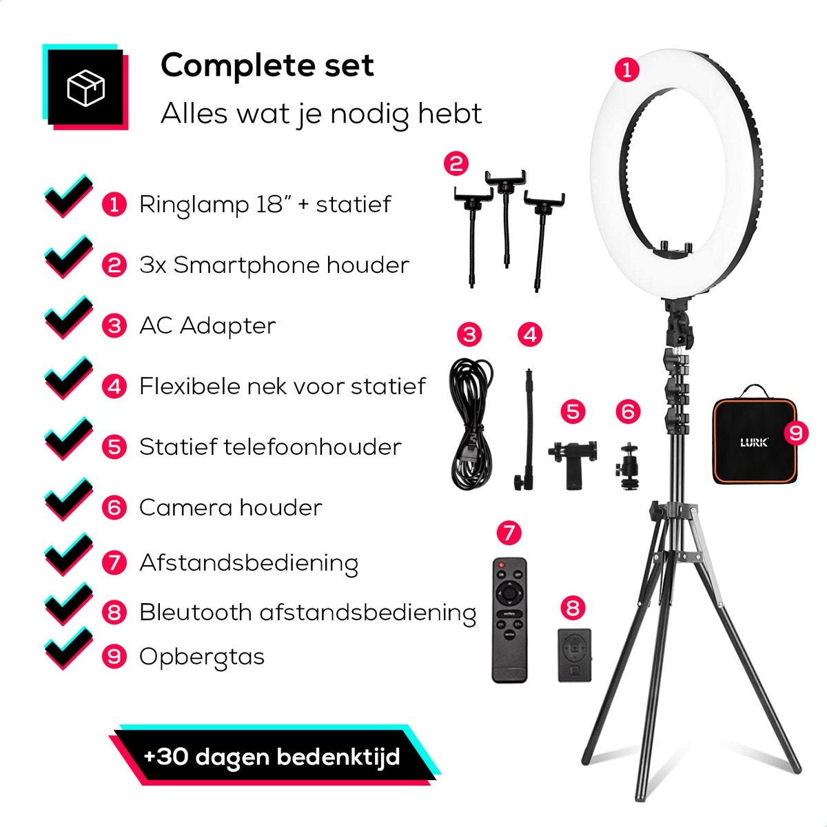 Lurk Ringlamp PRO - 18 inch - 45 cm - zwart - met verstelbaar statief - afstandsbediening