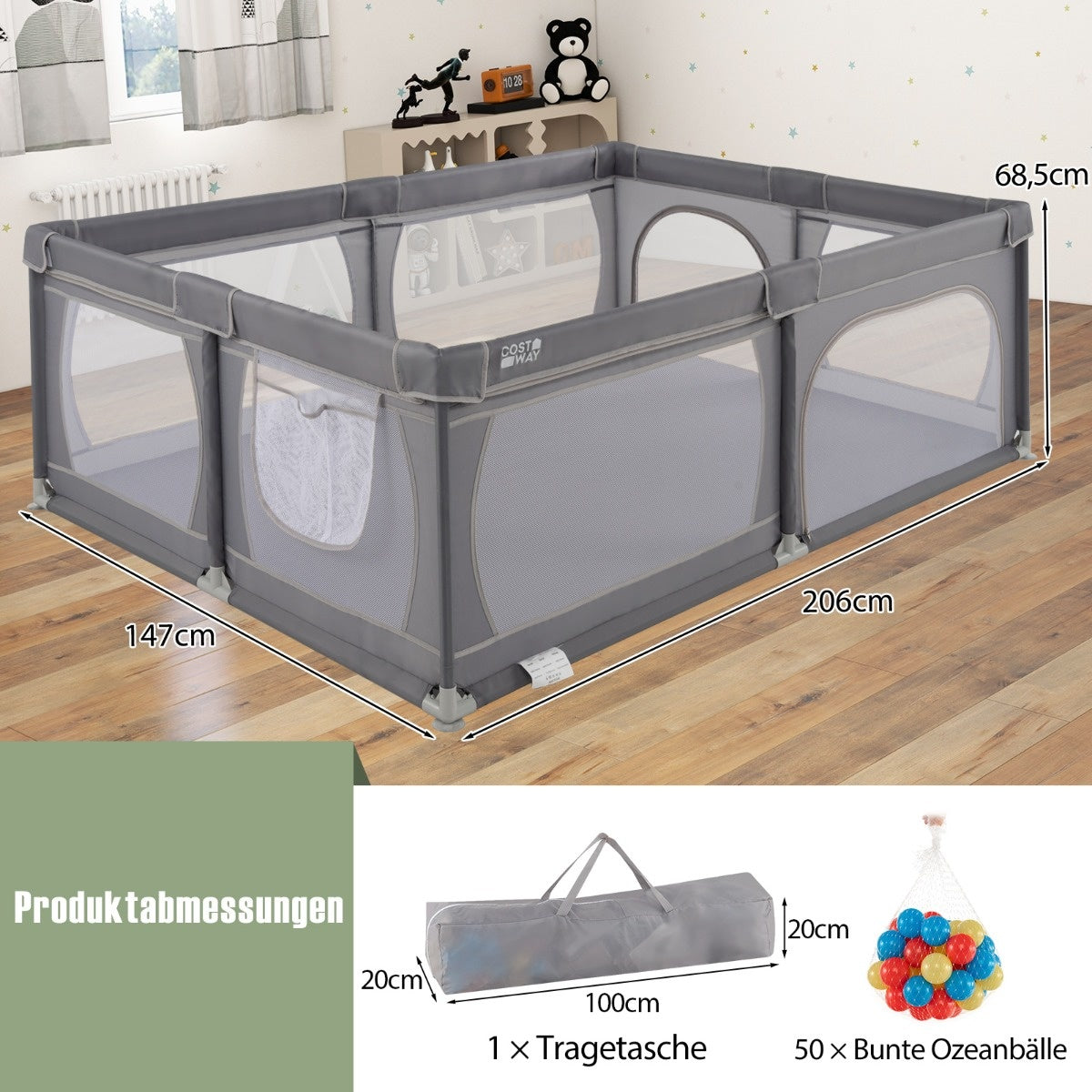 Babybox met Grote Ritsdeur Groot Speelhek met Zijvak & 50 Speelballen Grote Vloerstaande Babybox 206 × 147 × 68,5 cm Donkergrijs