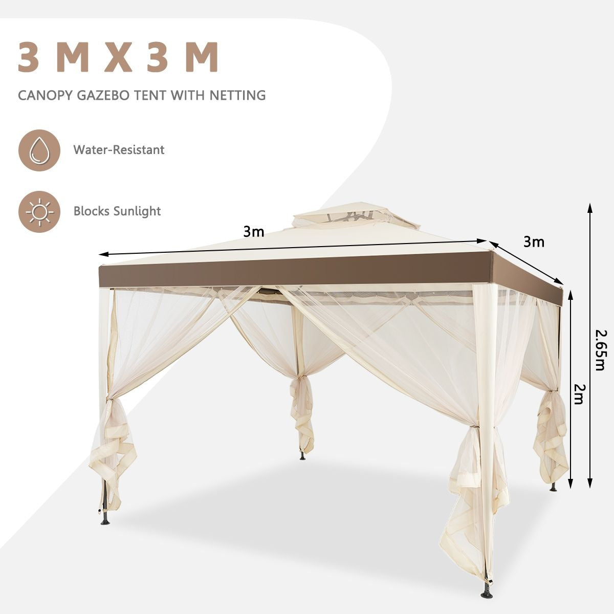 Coast Partytent - Paviljoen - 4 Zijwanden - Waterdicht - 300 x 300 x 265 cm - Beige