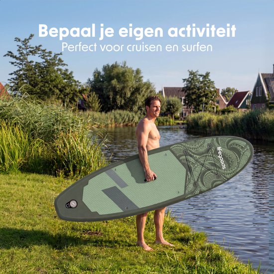 LifeGoods SUP Board Allround Compact - 100 KG Draagkracht - 300 x 76 cm - Opblaasbaar - Compleet SUP pakket - Groen/Legergroen